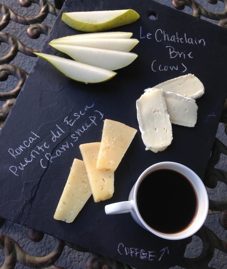 le-chatelain, roncal, sheeps-milk, raw, cheese-board, pear, espresso, breakfast